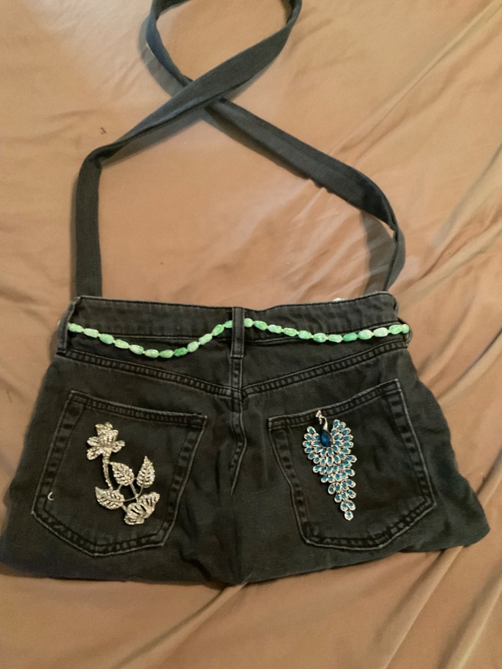 Handmade Black Denim crossbody bag 10x16 embellished embroidery and lined. - Picture 2 of 2